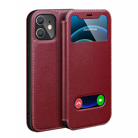 Funda de Cuero Cartera con Soporte Carcasa N01 para Apple iPhone 12 Rojo