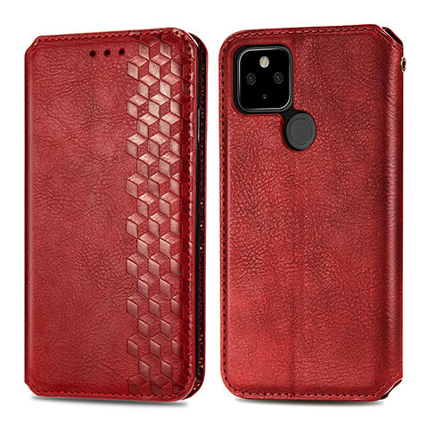 Funda de Cuero Cartera con Soporte Carcasa S01D para Google Pixel 5 Rojo