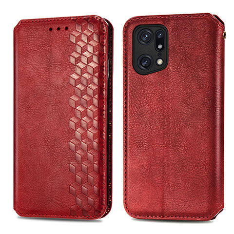 Funda de Cuero Cartera con Soporte Carcasa S01D para Oppo Find X5 Pro 5G Rojo