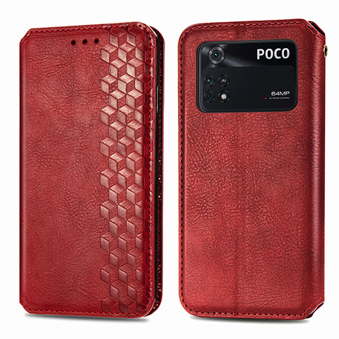 Funda de Cuero Cartera con Soporte Carcasa S01D para Xiaomi Poco M4 Pro 4G Rojo