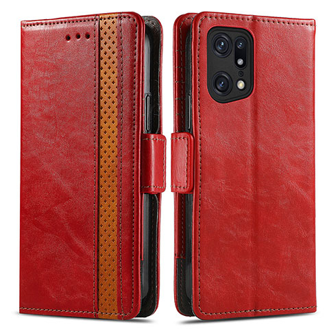 Funda de Cuero Cartera con Soporte Carcasa S02D para Oppo Find X5 Pro 5G Rojo