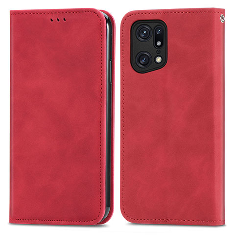 Funda de Cuero Cartera con Soporte Carcasa S04D para Oppo Find X5 5G Rojo