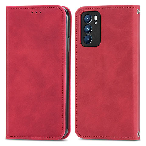 Funda de Cuero Cartera con Soporte Carcasa S04D para Oppo Reno6 5G Rojo