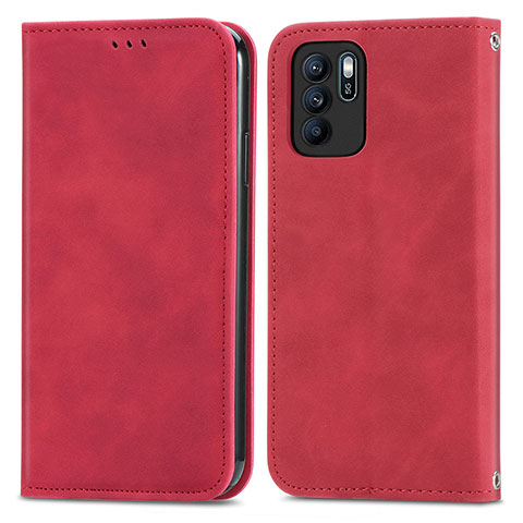 Funda de Cuero Cartera con Soporte Carcasa S04D para Oppo Reno6 Z 5G Rojo