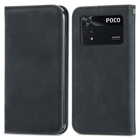 Funda de Cuero Cartera con Soporte Carcasa S04D para Xiaomi Poco M4 Pro 4G Negro