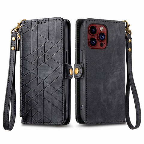 Funda de Cuero Cartera con Soporte Carcasa S05D para Apple iPhone 13 Pro Max Negro