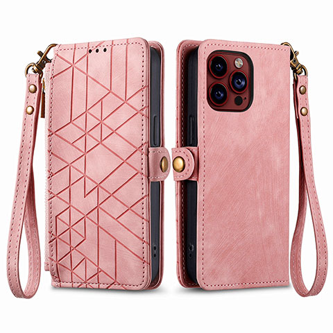 Funda de Cuero Cartera con Soporte Carcasa S05D para Apple iPhone 13 Pro Max Oro Rosa