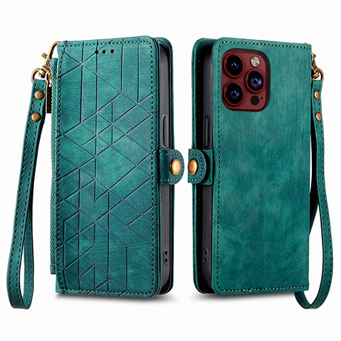 Funda de Cuero Cartera con Soporte Carcasa S05D para Apple iPhone 13 Pro Verde