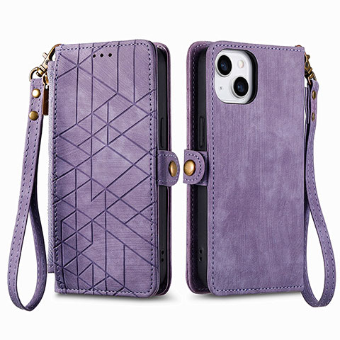 Funda de Cuero Cartera con Soporte Carcasa S05D para Apple iPhone 15 Morado