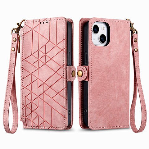 Funda de Cuero Cartera con Soporte Carcasa S05D para Apple iPhone 15 Plus Oro Rosa