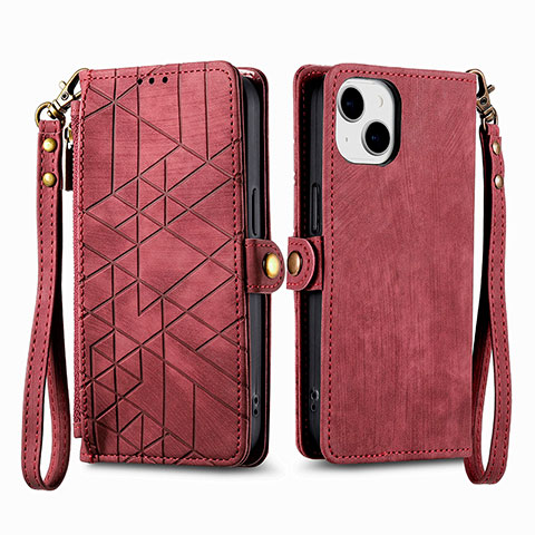 Funda de Cuero Cartera con Soporte Carcasa S05D para Apple iPhone 15 Plus Rojo