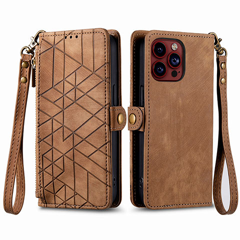 Funda de Cuero Cartera con Soporte Carcasa S05D para Apple iPhone 15 Pro Max Marron