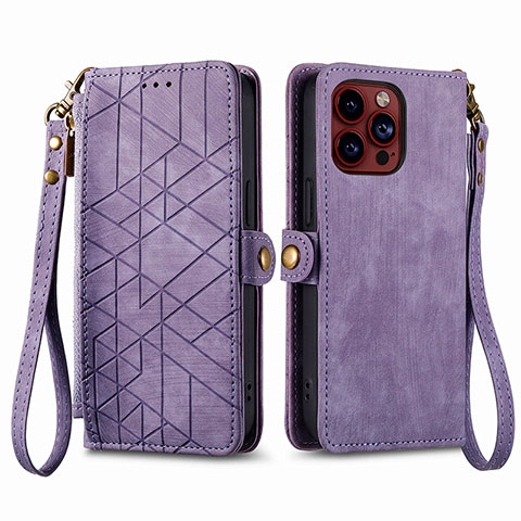 Funda de Cuero Cartera con Soporte Carcasa S05D para Apple iPhone 16 Pro Morado