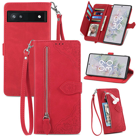 Funda de Cuero Cartera con Soporte Carcasa S06D para Google Pixel 6a 5G Rojo