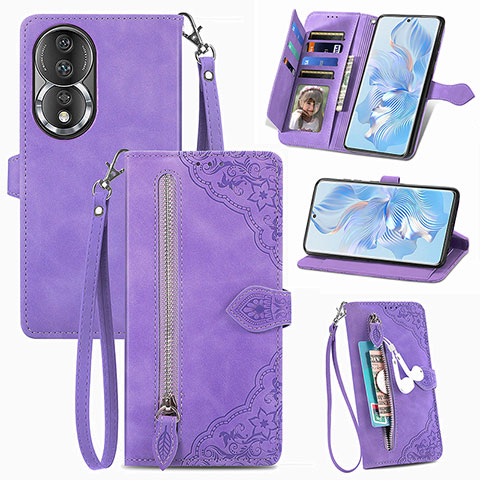 Funda de Cuero Cartera con Soporte Carcasa S06D para Huawei Honor 80 5G Morado