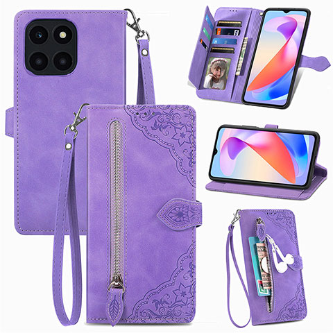 Funda de Cuero Cartera con Soporte Carcasa S06D para Huawei Honor X6a Morado