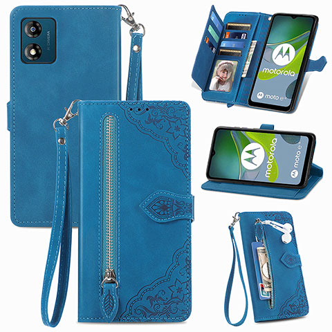 Funda de Cuero Cartera con Soporte Carcasa S06D para Motorola Moto E13 Azul