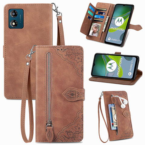 Funda de Cuero Cartera con Soporte Carcasa S06D para Motorola Moto E13 Marron