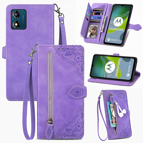 Funda de Cuero Cartera con Soporte Carcasa S06D para Motorola Moto E13 Morado