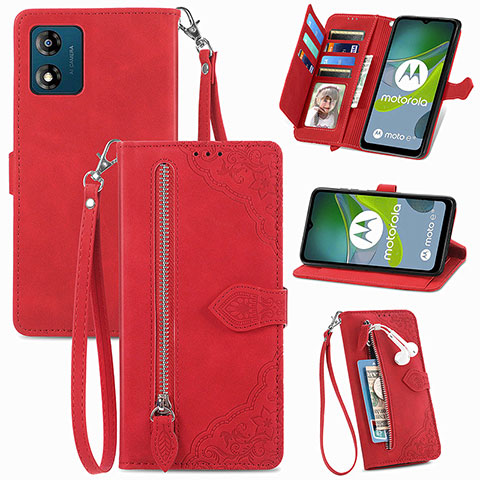 Funda de Cuero Cartera con Soporte Carcasa S06D para Motorola Moto E13 Rojo