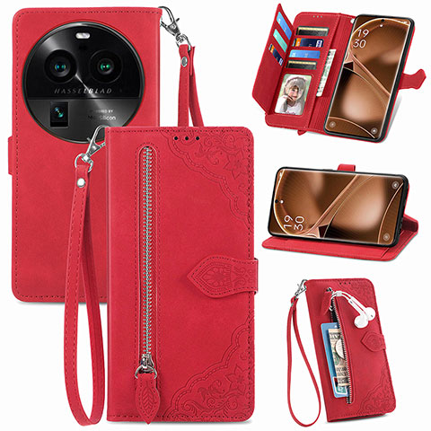 Funda de Cuero Cartera con Soporte Carcasa S06D para Oppo Find X6 5G Rojo