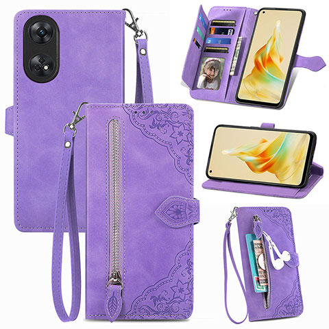 Funda de Cuero Cartera con Soporte Carcasa S06D para Oppo Reno8 T 4G Morado