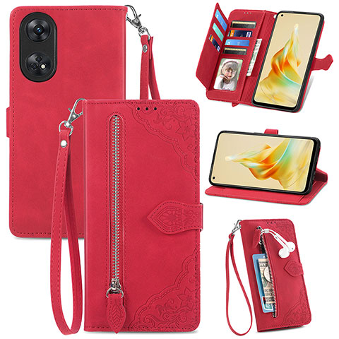 Funda de Cuero Cartera con Soporte Carcasa S06D para Oppo Reno8 T 4G Rojo