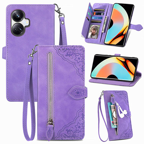 Funda de Cuero Cartera con Soporte Carcasa S06D para Realme 10 Pro+ Plus 5G Morado