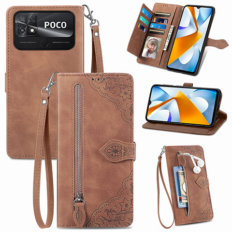 Funda de Cuero Cartera con Soporte Carcasa S06D para Xiaomi Poco C40 Marron