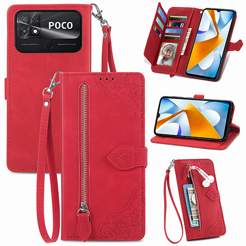 Funda de Cuero Cartera con Soporte Carcasa S06D para Xiaomi Poco C40 Rojo