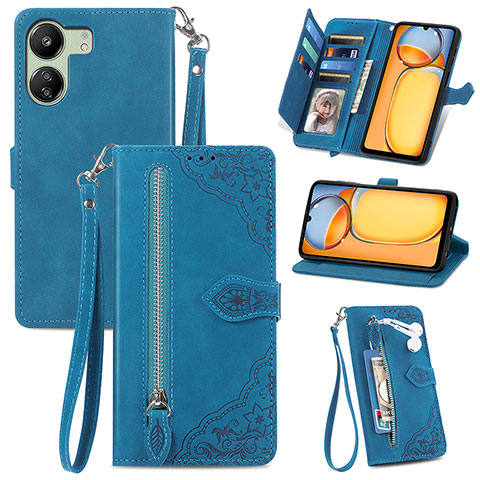 Funda de Cuero Cartera con Soporte Carcasa S06D para Xiaomi Poco C65 Azul