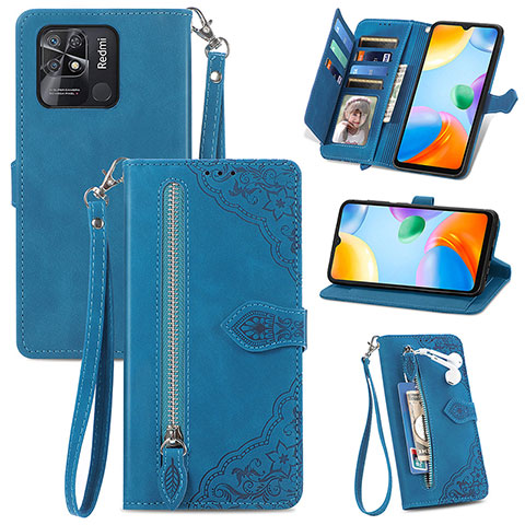 Funda de Cuero Cartera con Soporte Carcasa S06D para Xiaomi Redmi 10 India Azul