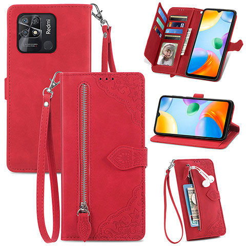 Funda de Cuero Cartera con Soporte Carcasa S06D para Xiaomi Redmi 10 India Rojo