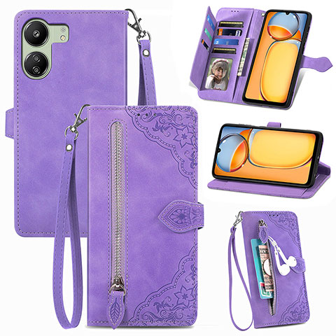 Funda de Cuero Cartera con Soporte Carcasa S06D para Xiaomi Redmi 13C Morado