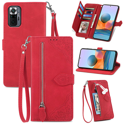 Funda de Cuero Cartera con Soporte Carcasa S06D para Xiaomi Redmi Note 10 Pro 4G Rojo