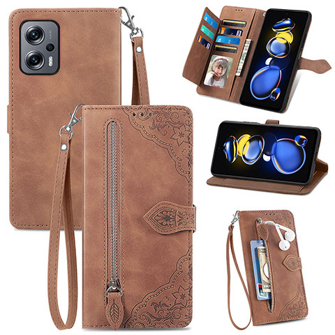 Funda de Cuero Cartera con Soporte Carcasa S06D para Xiaomi Redmi Note 11T Pro+ Plus 5G Marron