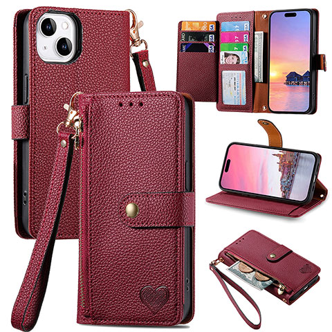 Funda de Cuero Cartera con Soporte Carcasa S07D para Apple iPhone 13 Rojo