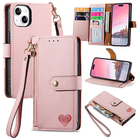 Funda de Cuero Cartera con Soporte Carcasa S07D para Apple iPhone 13 Rosa