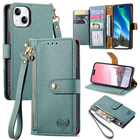 Funda de Cuero Cartera con Soporte Carcasa S07D para Apple iPhone 13 Verde