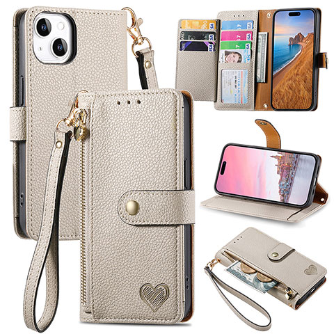 Funda de Cuero Cartera con Soporte Carcasa S07D para Apple iPhone 15 Plus Gris