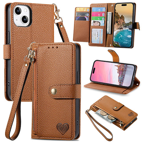 Funda de Cuero Cartera con Soporte Carcasa S07D para Apple iPhone 15 Plus Marron