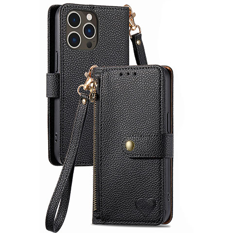 Funda de Cuero Cartera con Soporte Carcasa S07D para Apple iPhone 15 Pro Max Negro