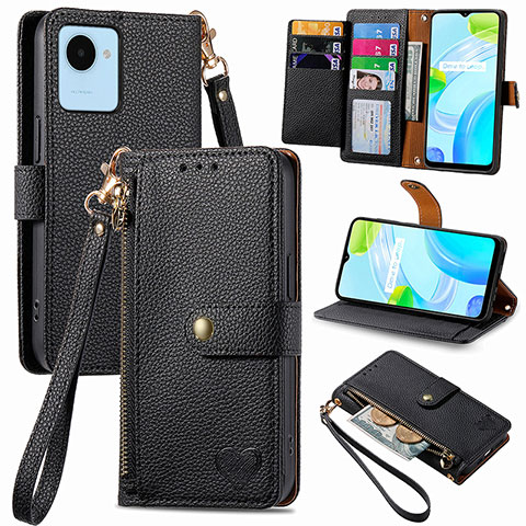 Funda de Cuero Cartera con Soporte Carcasa S07D para Realme C30 Negro