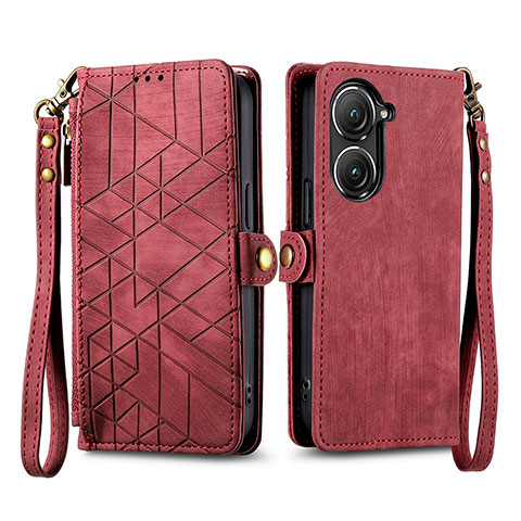 Funda de Cuero Cartera con Soporte Carcasa S17D para Asus Zenfone 9 Rojo