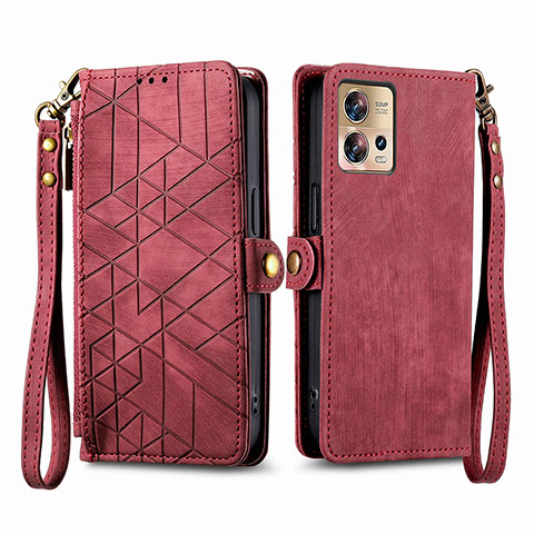 Funda de Cuero Cartera con Soporte Carcasa S18D para Motorola Moto Edge 30 Pro 5G Rojo