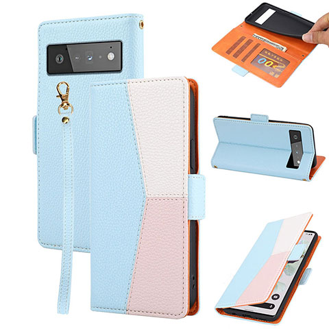 Funda de Cuero Cartera con Soporte Carcasa SY2 para Google Pixel 6 Pro 5G Azul Cielo