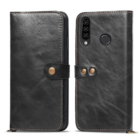 Funda de Cuero Cartera con Soporte Carcasa T08 para Huawei P30 Lite XL Negro