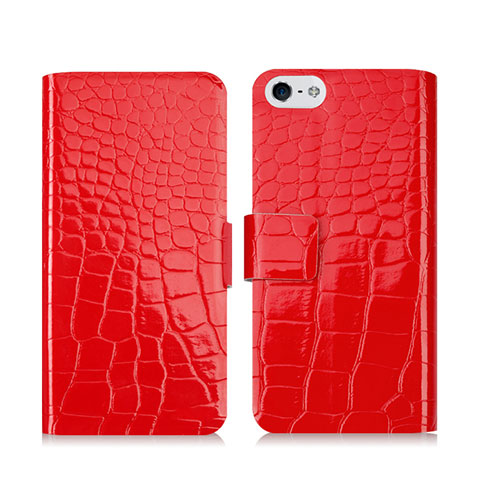 Funda de Cuero Cartera con Soporte Cocodrilo para Apple iPhone 5S Rojo