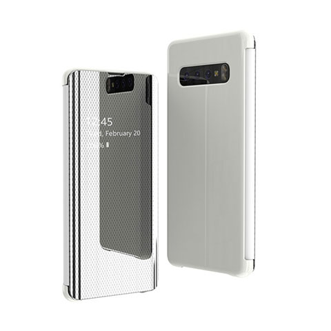 Funda de Cuero Cartera con Soporte Espejo Carcasa L01 para Samsung Galaxy S10 5G SM-G977B Plata