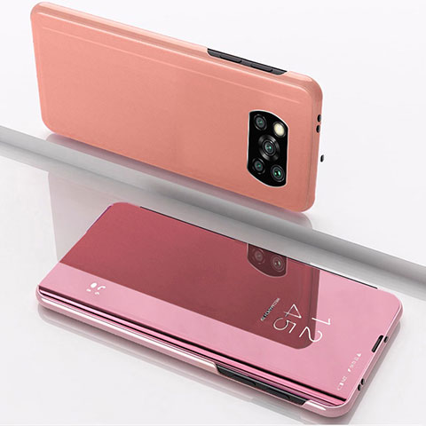 Funda de Cuero Cartera con Soporte Espejo Carcasa L03 para Xiaomi Poco X3 Oro Rosa